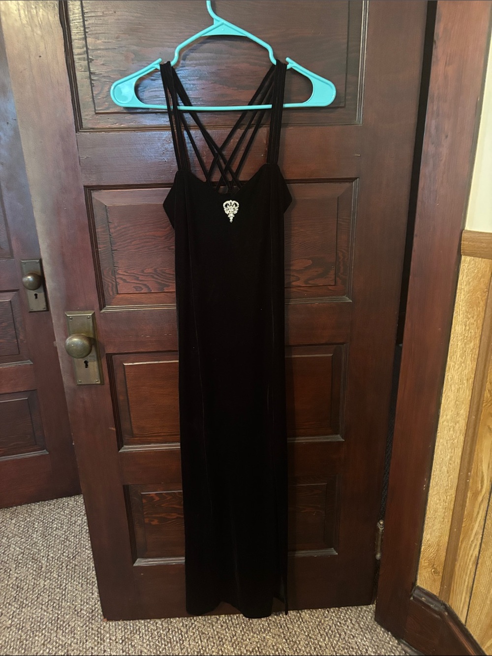 Vintage Black Velvet Strappy Maxi Dress with Rhinestone Accent
